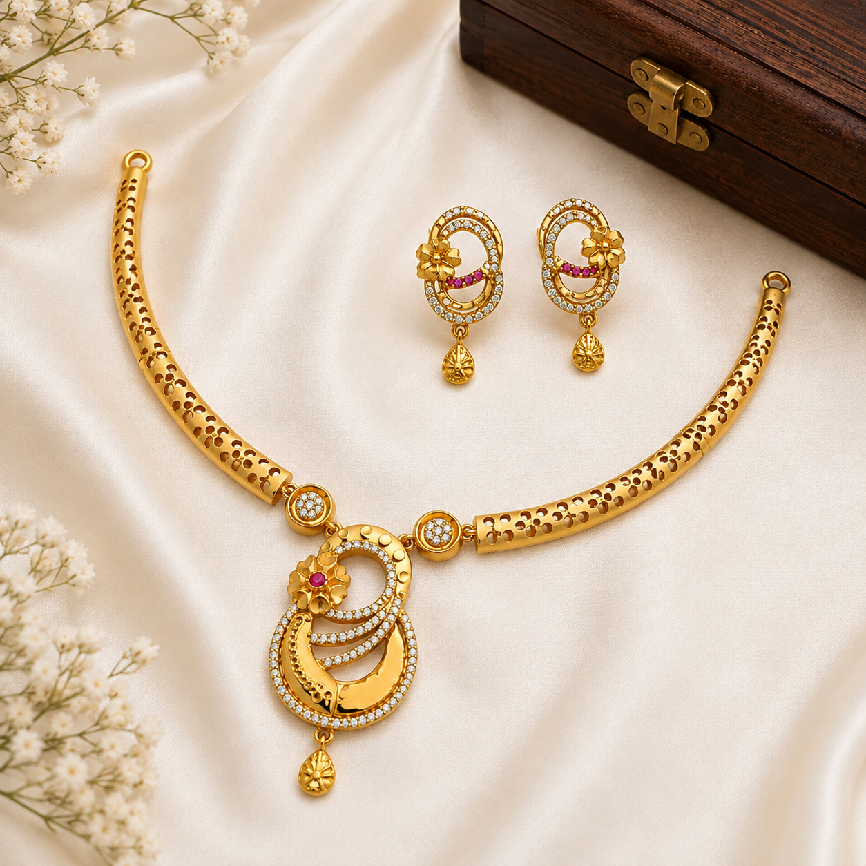 Elegant Gold-Plated German Silver Necklace Set with Matching Earrings