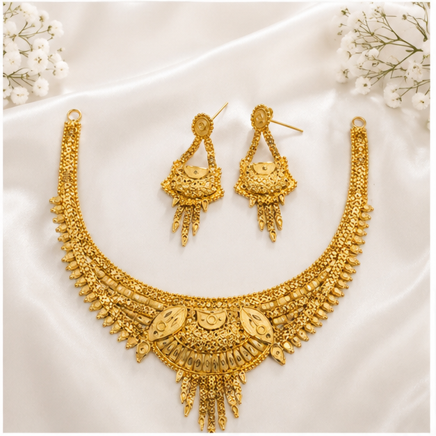 Gold-Plated German Silver (GS) Necklace Set with Matching Earrings