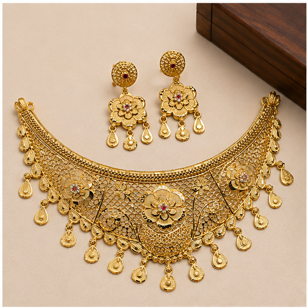 Gold-Plated German Silver (GS) Necklace Set with Matching Earrings