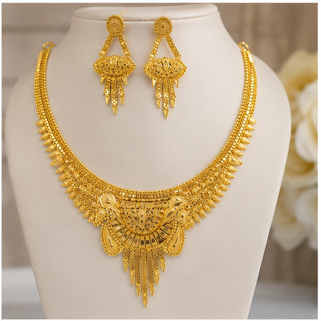Gold-Plated German Silver (GS) Necklace Set with Matching Earrings